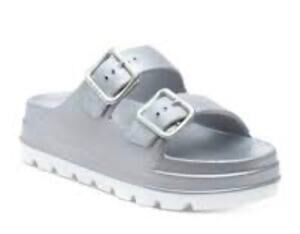 J/Slides NYC Silver Buckle Platform Sandals Slide Shoes Women Size 10